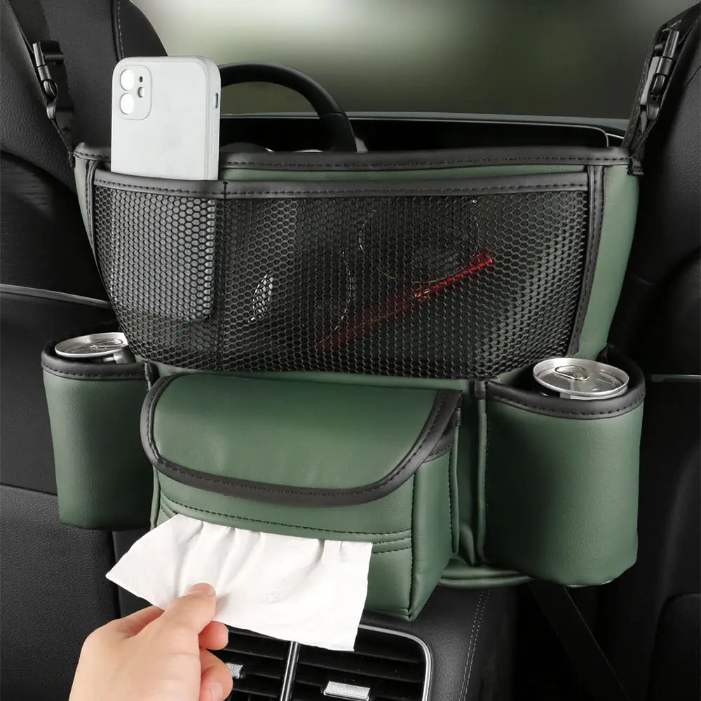 Leather Front Seat Storage Organizer with Tissue Holder