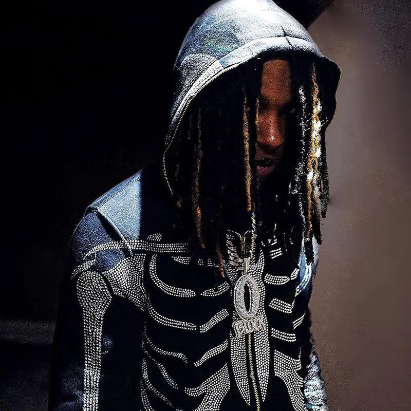 Gothic Rhinestone Skeleton Hoodie For Men