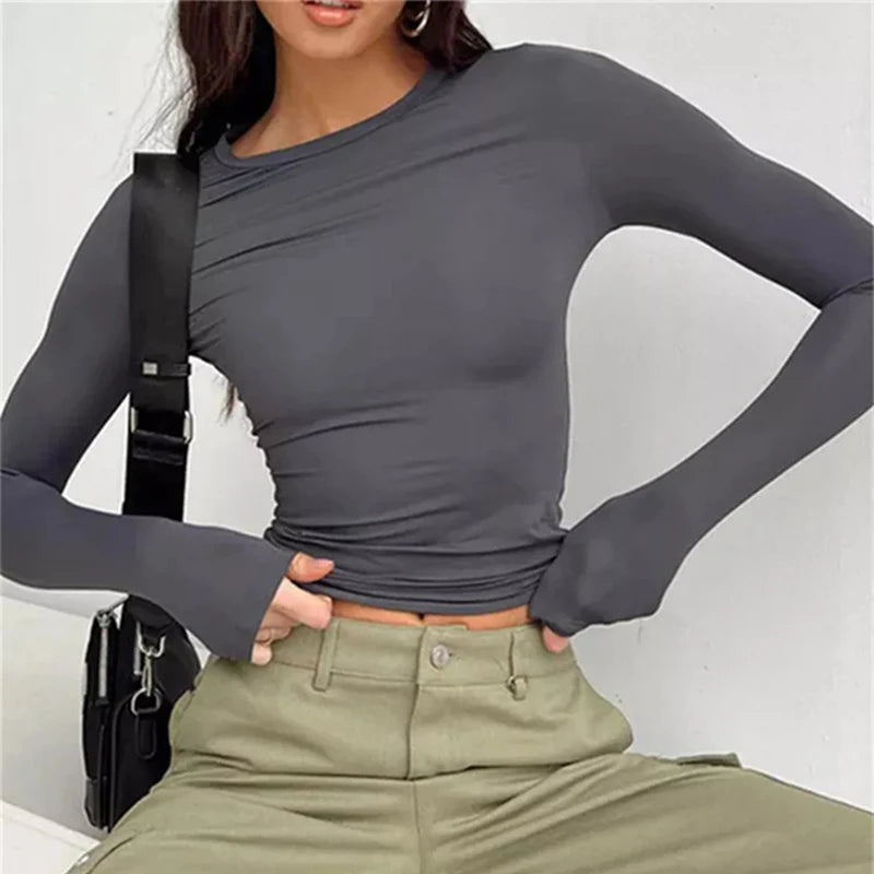 Basic Long Sleeve Solid Color Top For Women